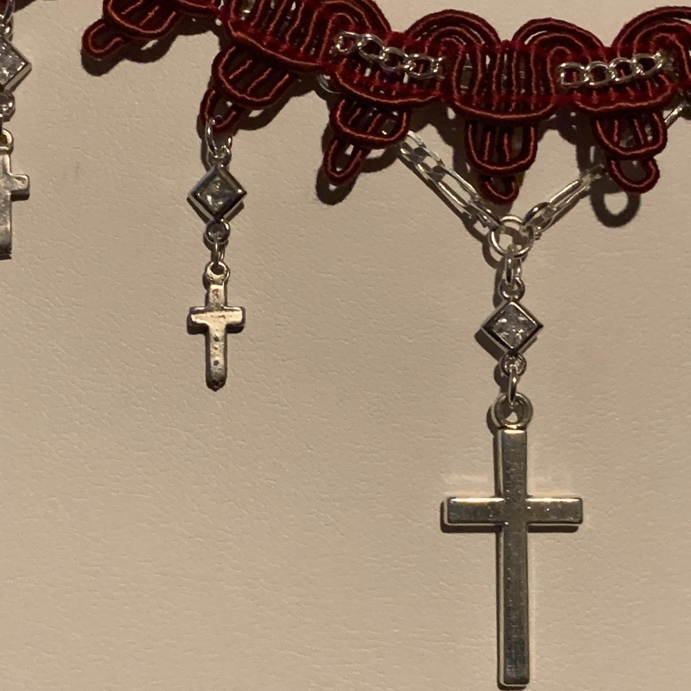 O.O.A.K. Red Ribbon Silver Rhinestone Cross Choker - Picture 7 of 13
